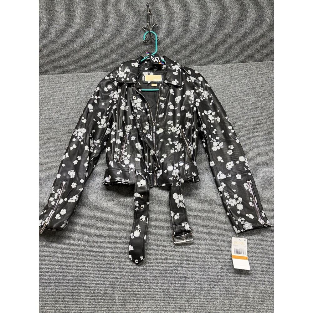 Michael Khors Faux Leather Moto Jacket Women’s Size Small Black Floral Print NWT